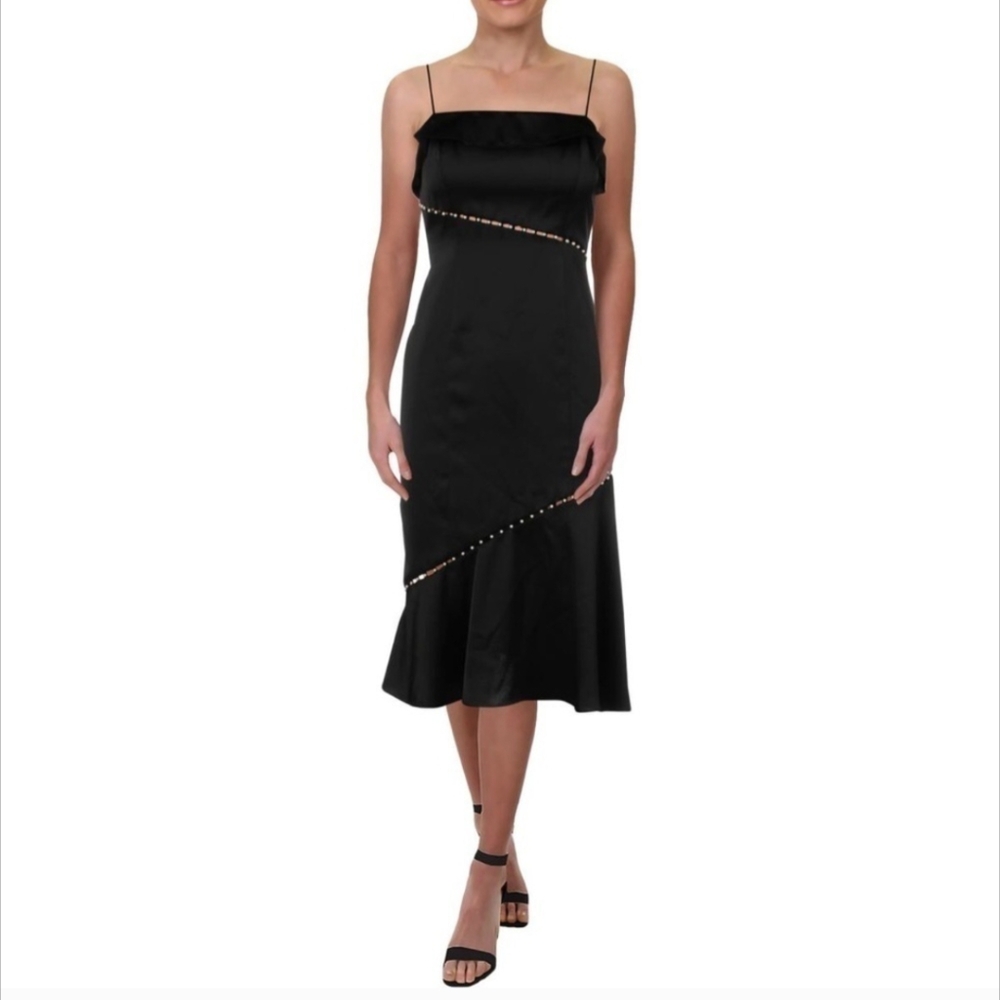 Aidan By Aidan Mattox elegant Pearl trim Black Satin Dress​​​ 4  NWT